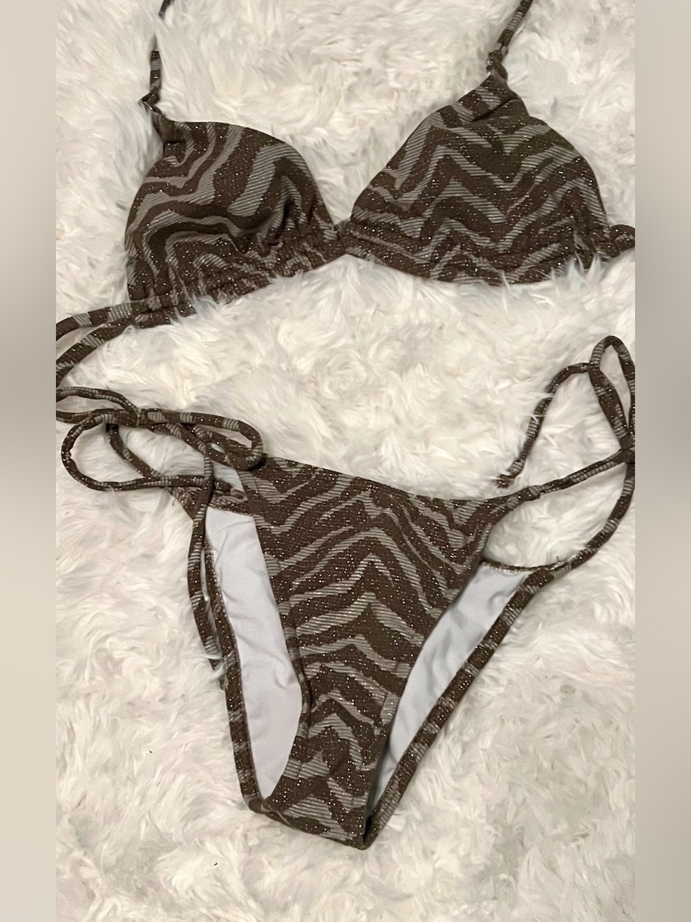 Brownish bronze Zebra-Print Tie-Side Bikini Top & Bottom - Women Swim.